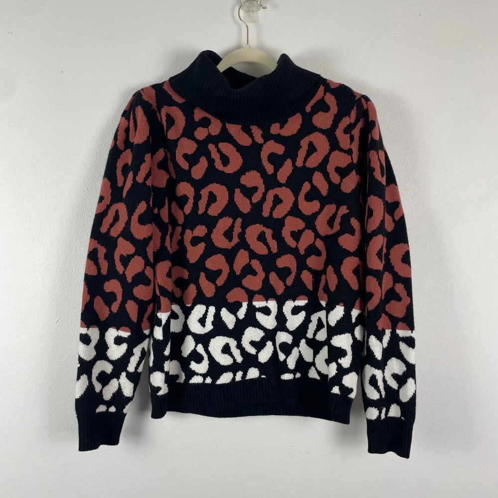 Skies Are Blue Leopard Print Turtleneck Sweater Women Size M Brown White Black